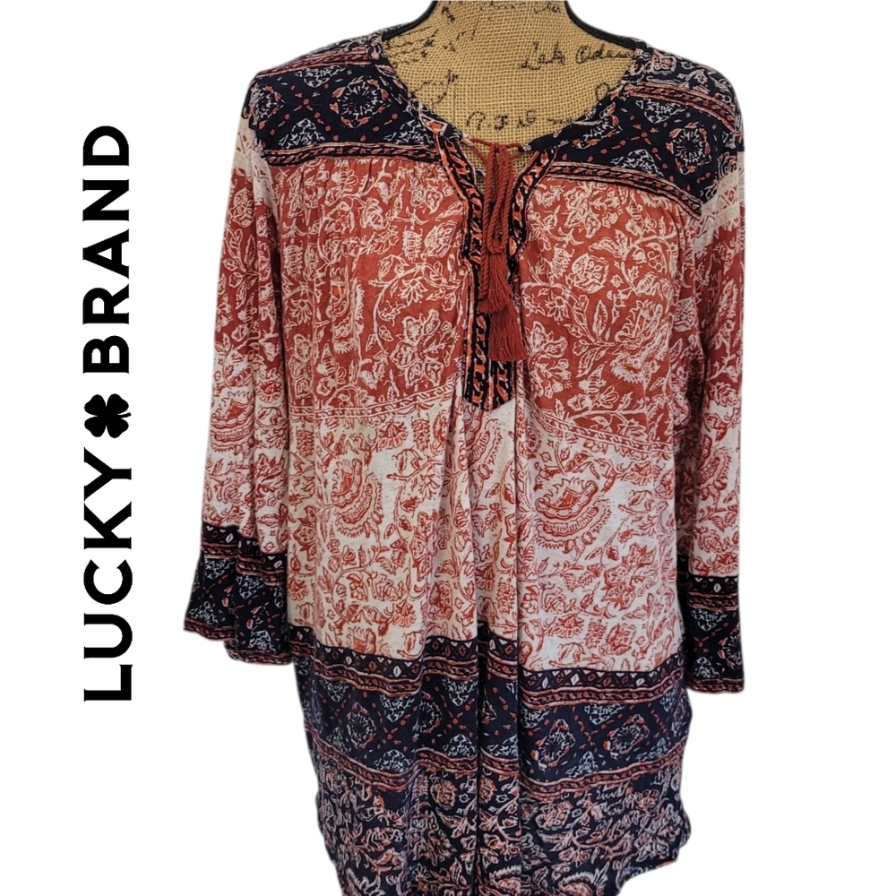 Lucky Brand Women's Red and Navy Floral Blouse